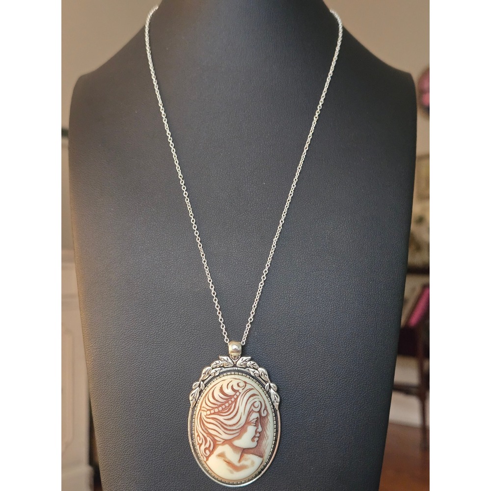 Acrylic Cameo Sterling Silver Necklace Ivory Brown